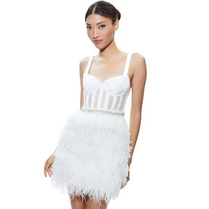 ALICE + OLIVIA XIA SHEER BUSTIER CRYSTAL FEATHERED MINI DRESS OFF WHITE SIZE 14